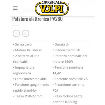 VOLPI – Forbici Potatura Elettriche a Batteria – Lame in acciaio – 2 Batterie PV280